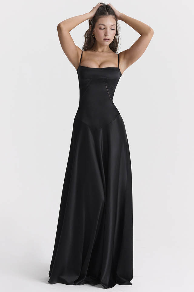'Anabella' Black Lace Up Maxi Dress